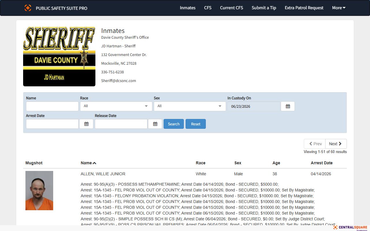 Davie County inmate population roster search interface